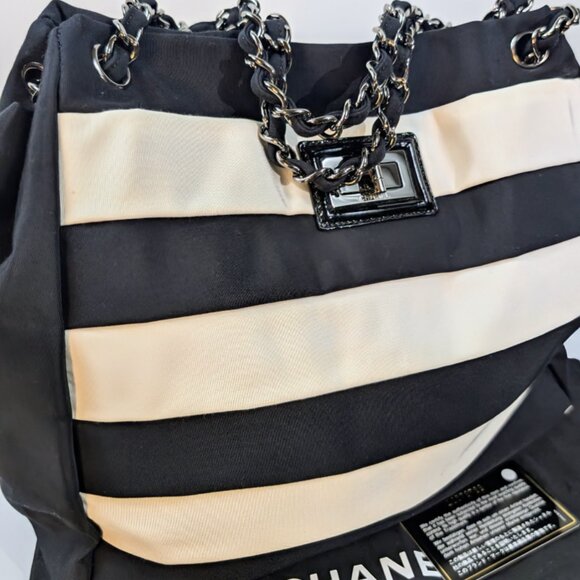 Chanel Black and White Striped Fabric Shopping Tote - Picture 2 of 16